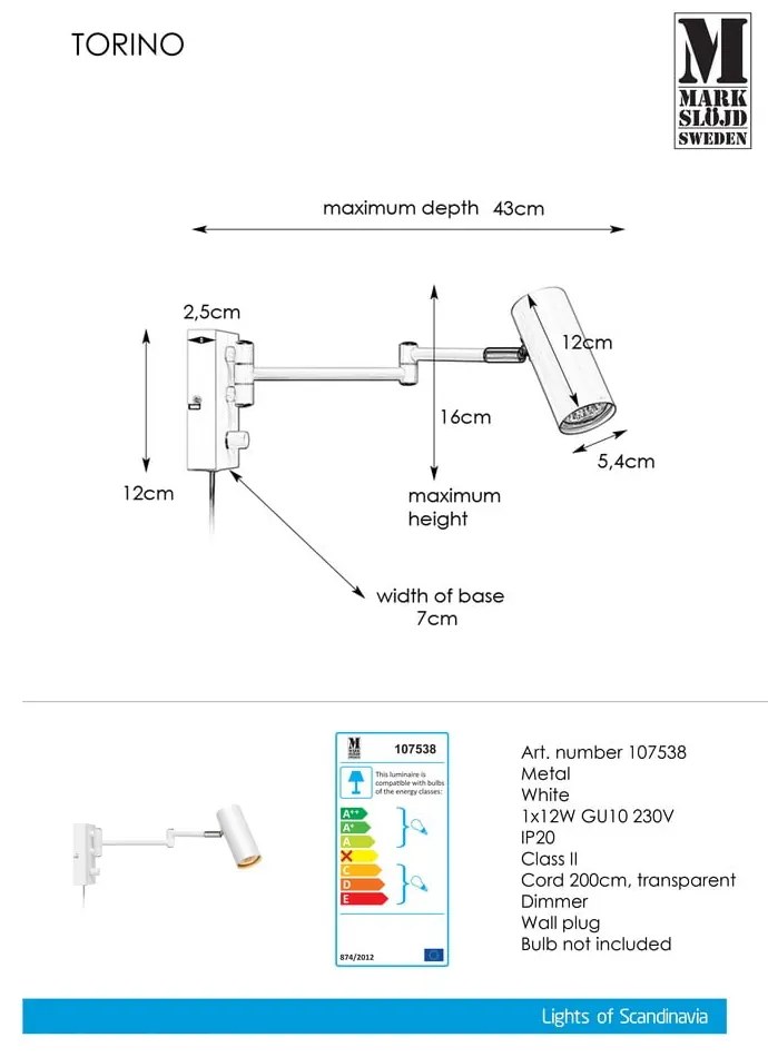 Aplică de perete Markslöjd Torino, alb