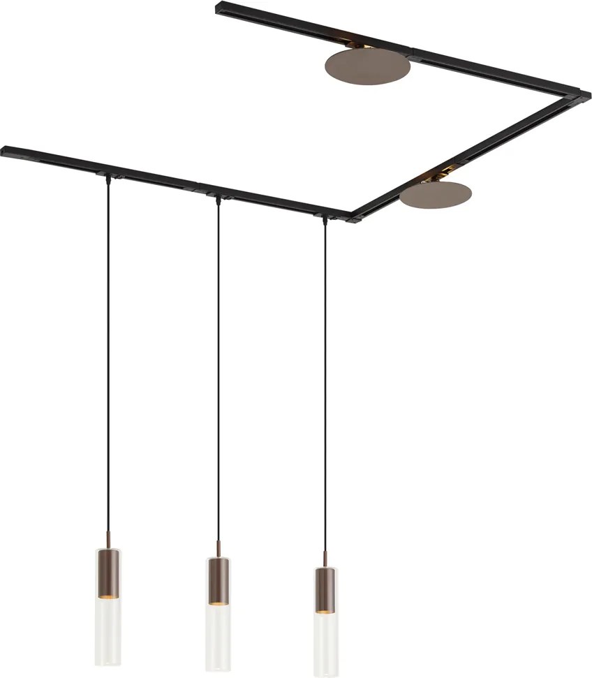 Sistem de iluminat pe șină modern negru cu 3 lămpi suspendate și 2 plafoniere bronzate monofazate - Iconic Lloyd Pulley