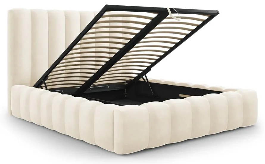 Pat dublu 200x200 cm bej tapițat cu spațiu de depozitare și somieră Kelp – Micadoni Home