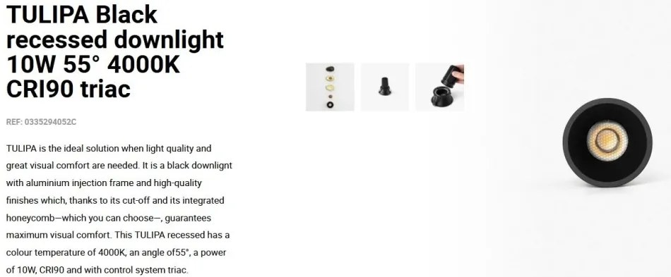 Spot LED incastrabil TULIPA Black recessed downlight 10W 55° 4000K CRI90 triac