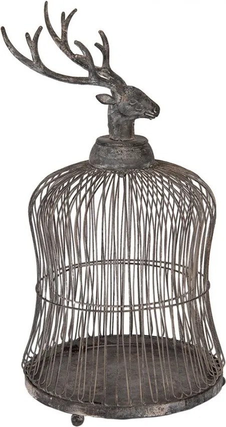 Colivie decorativă din metal cu motiv cerb, finisaj gri antichizat, Ø26x50 cm