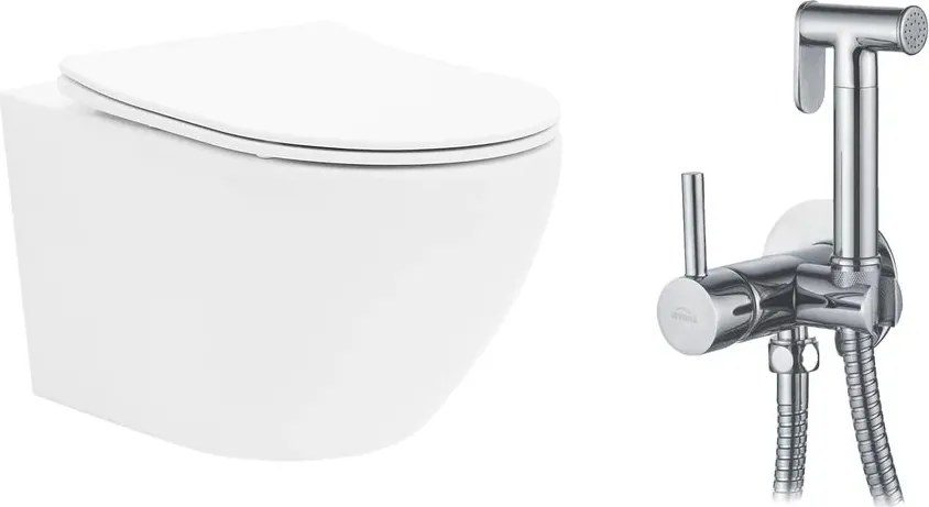 Pachet vas wc suspendat Rea Carlo Mini, capac softclose si set dus igiena intima crom cu baterie incastrata Invena Bidetta