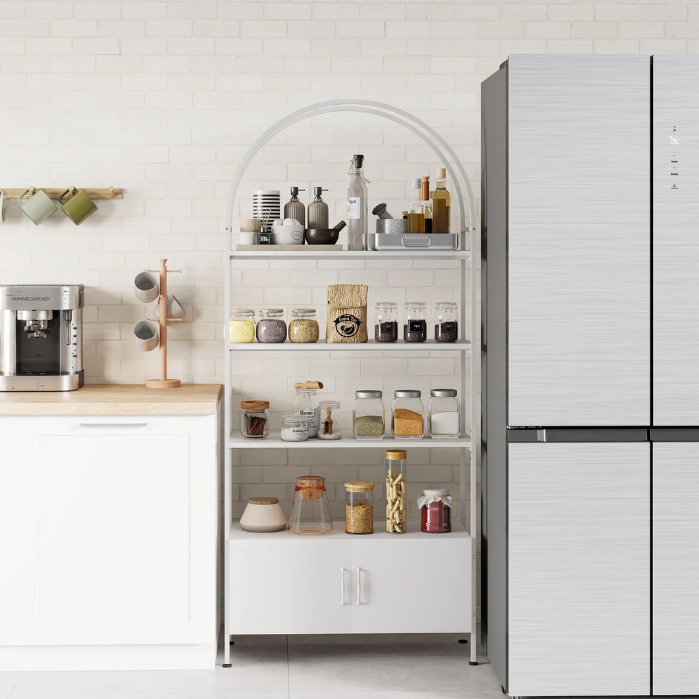 HOMCOM Etajeră de depozitare, bibliotecă arcuită cu 4 niveluri și dulap cu uși duble, 80 x 30 x 187 cm, alb | Aosom Romania