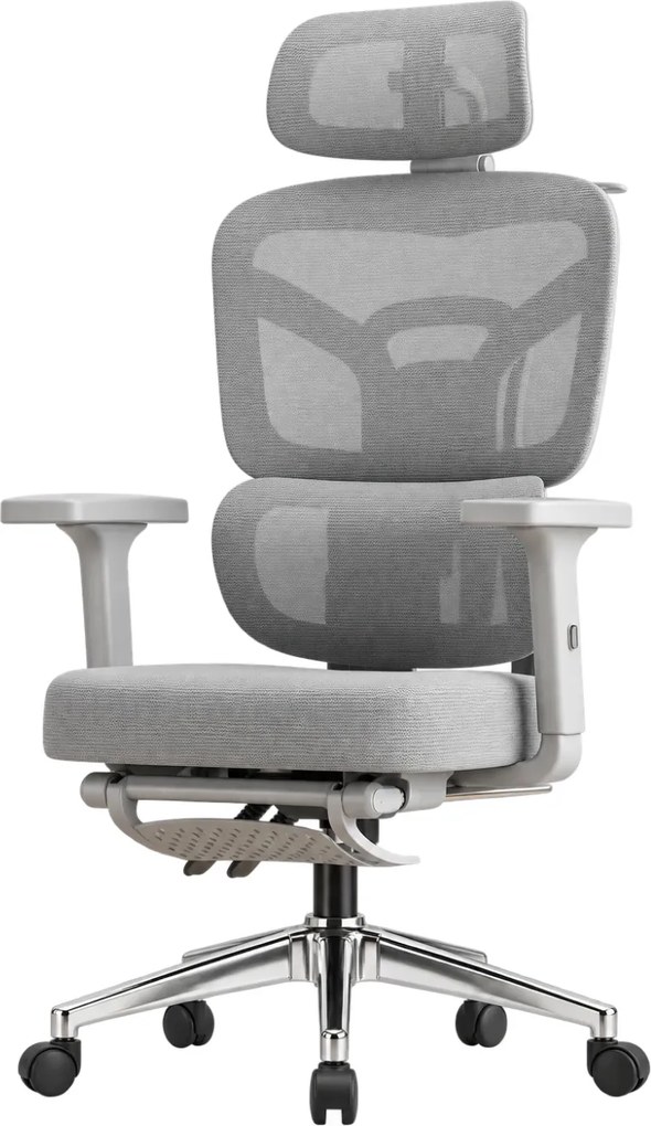 NEXORA CONFORT – Scaun ergonomic, suport lombar 3D adaptiv, tetieră 4D, cotiere 3D, șezut glisant, recliner 135°, suport pentru picioare, bază metalică, Mesh, Gri