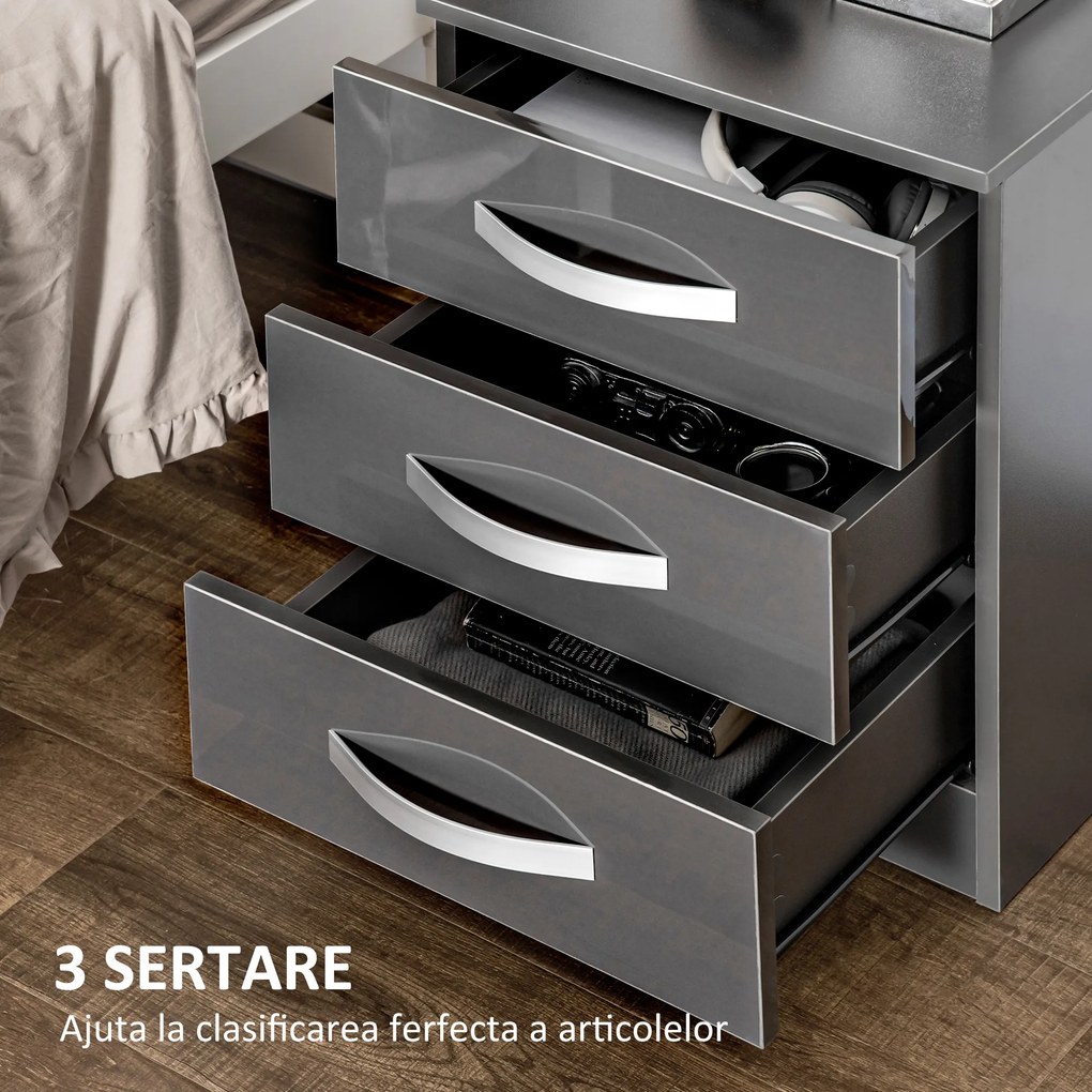 Noptiere Moderne HOMCOM Set 2 Piese cu 3 Sertare din PAL Gri 40x36x56cm pentru Spații Elegante | Aosom Romania