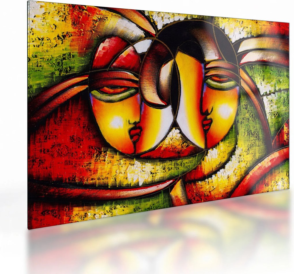 Tablou pe sticlă - Pictură în ulei, chipuri abstracte (70x50 cm)
