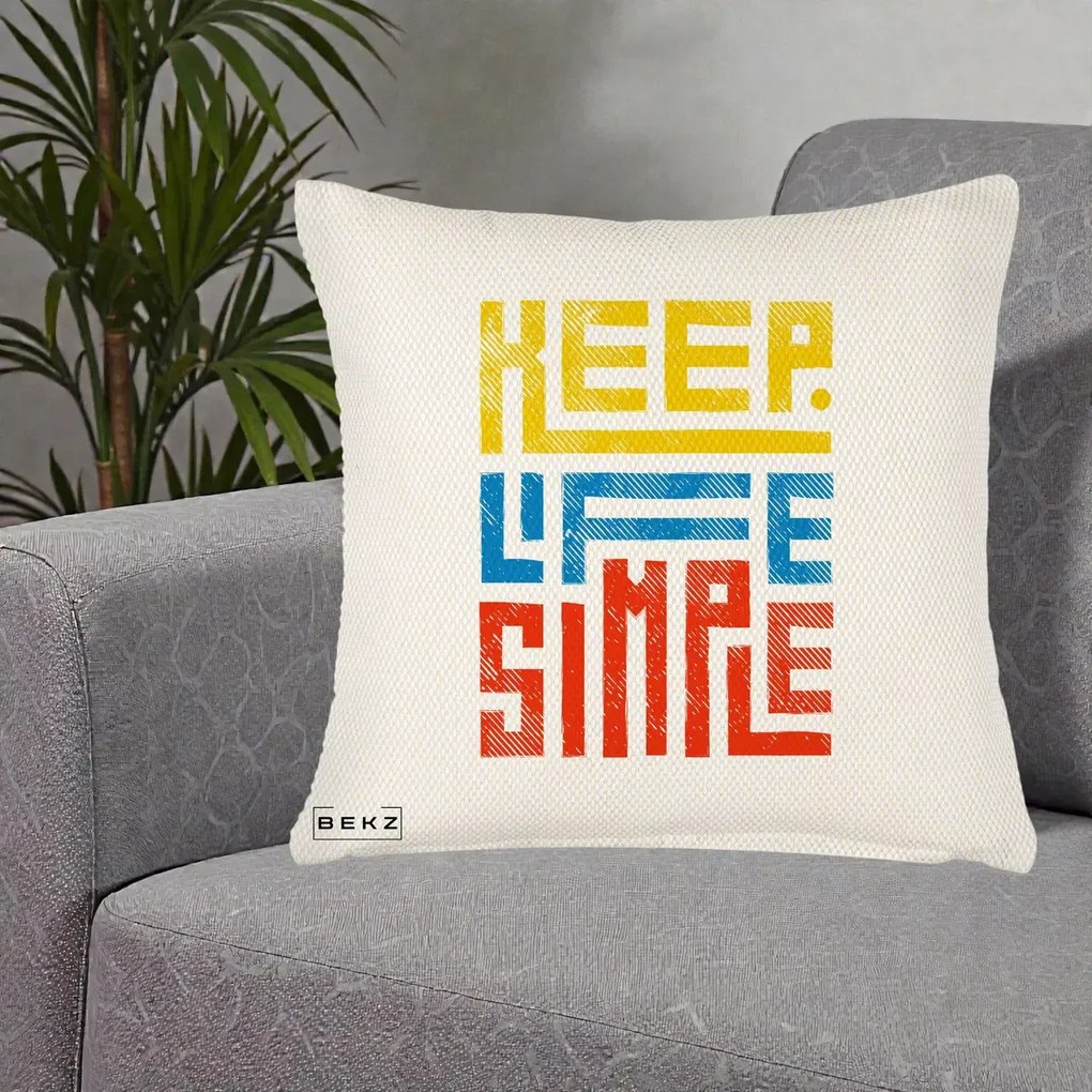 Perna Decorativa Keep Life Simple Colorat, 40x40 cm, Crem Reliefat, Husa Detasabila, Perna Inclusa, BEKZ®