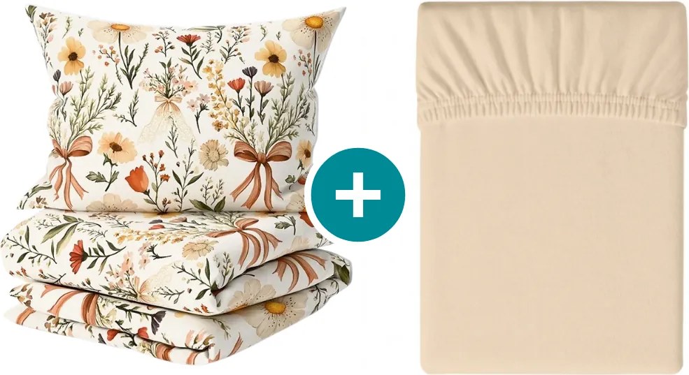 Set lenjerie de pat creponata FLORAL RIBBON POLY colorata + cearsaf Jersey 180 x 200 cm bej deschis, pat dublu
