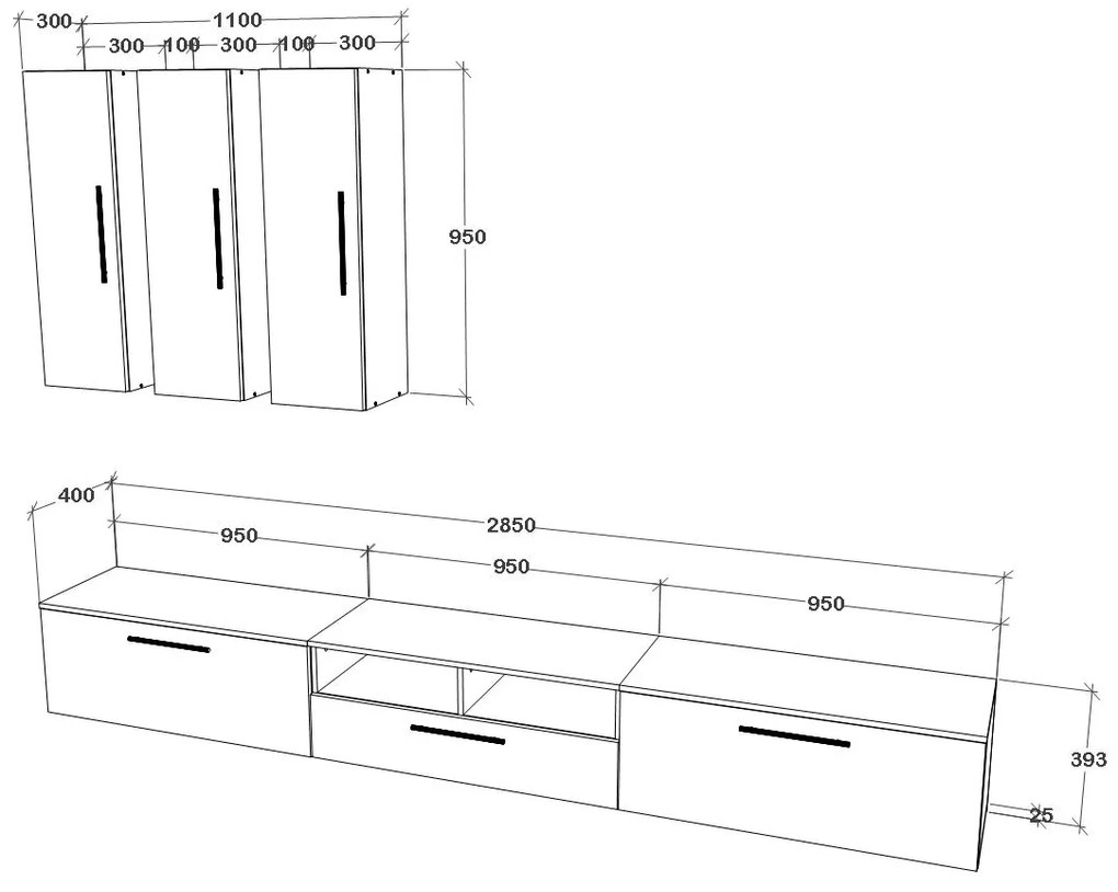 Living Kos V7, Negru/Alb Lucios, MDF, L 285 cm