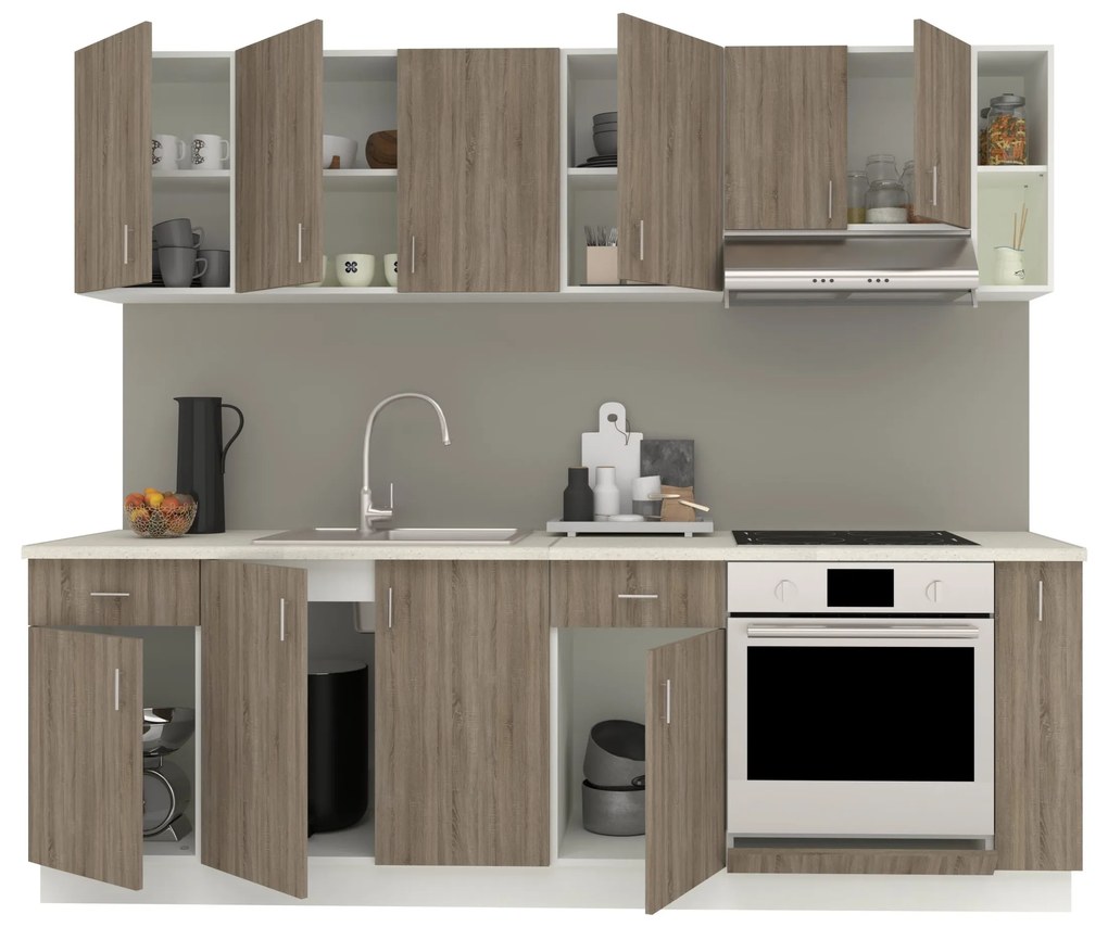 Set Bucatarie Karo V17, Stejar Sonoma Inchis/Alb, Blat Thermo 28 mm, L 240 cm