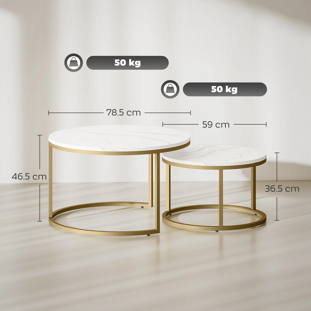 HOMCOM Set de 2 mese de cafea gigogne stivuabile design industrial blat cu aspect ciment picioare din metal alb | Aosom Romania