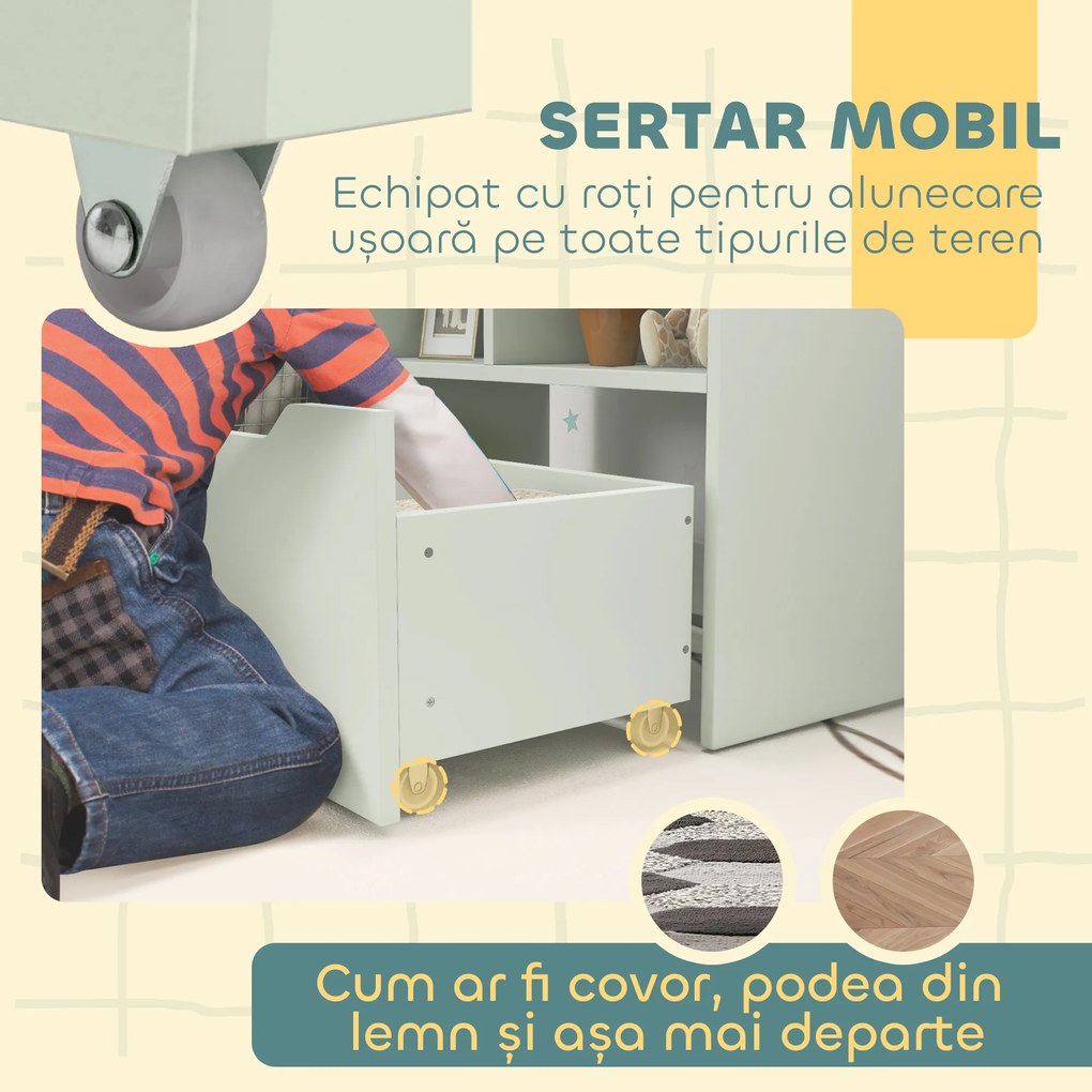 HOMCOM Bibliotecă pentru Copii cu Rafturi și Sertar, Raft Mobil pentru Jucării și Cărți, Dimensiuni 60x29.9x90 cm, Verde Strălucitor | Aosom România
