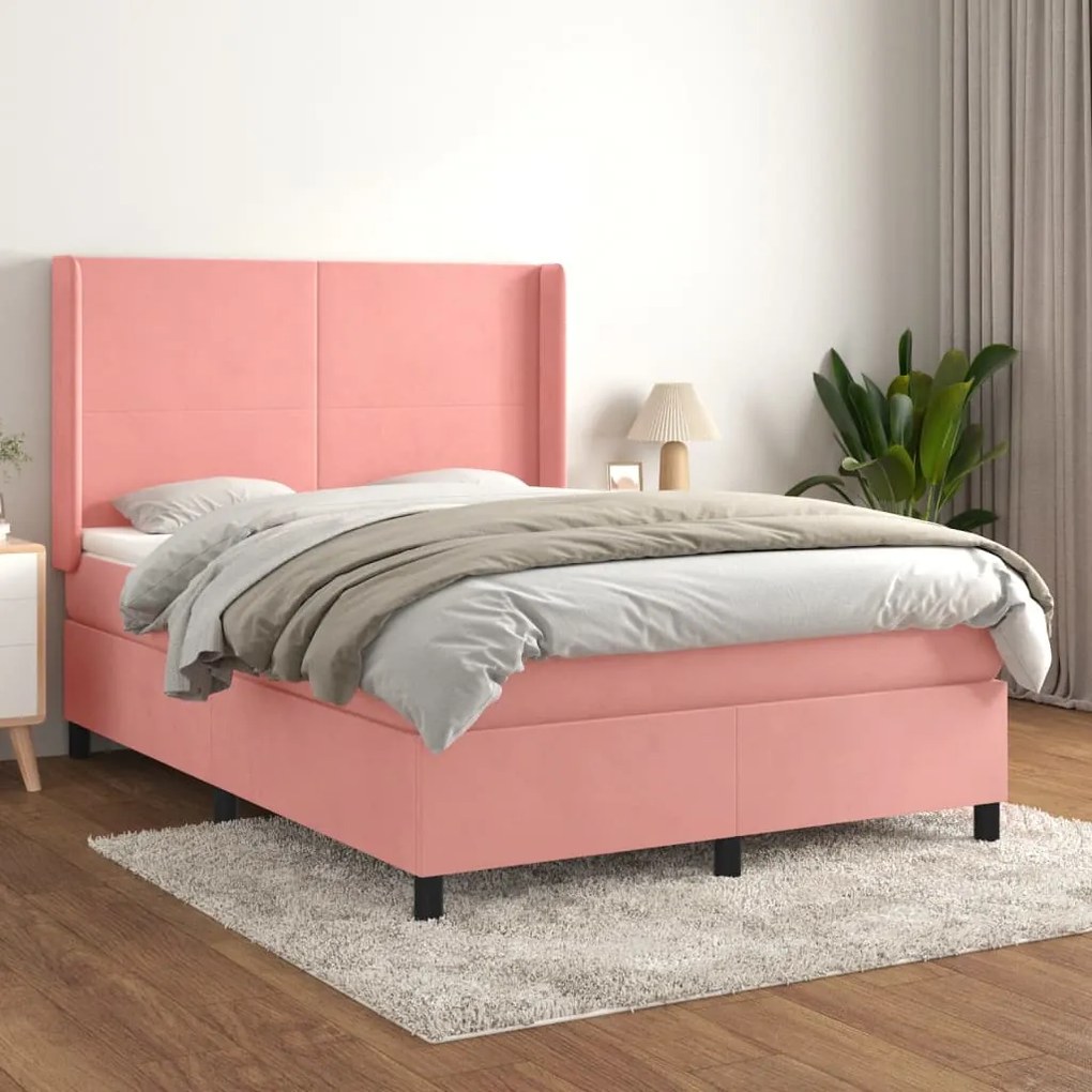 Pat box spring cu saltea, roz, 140x190 cm, catifea Roz, 140 x 190 cm, Design simplu