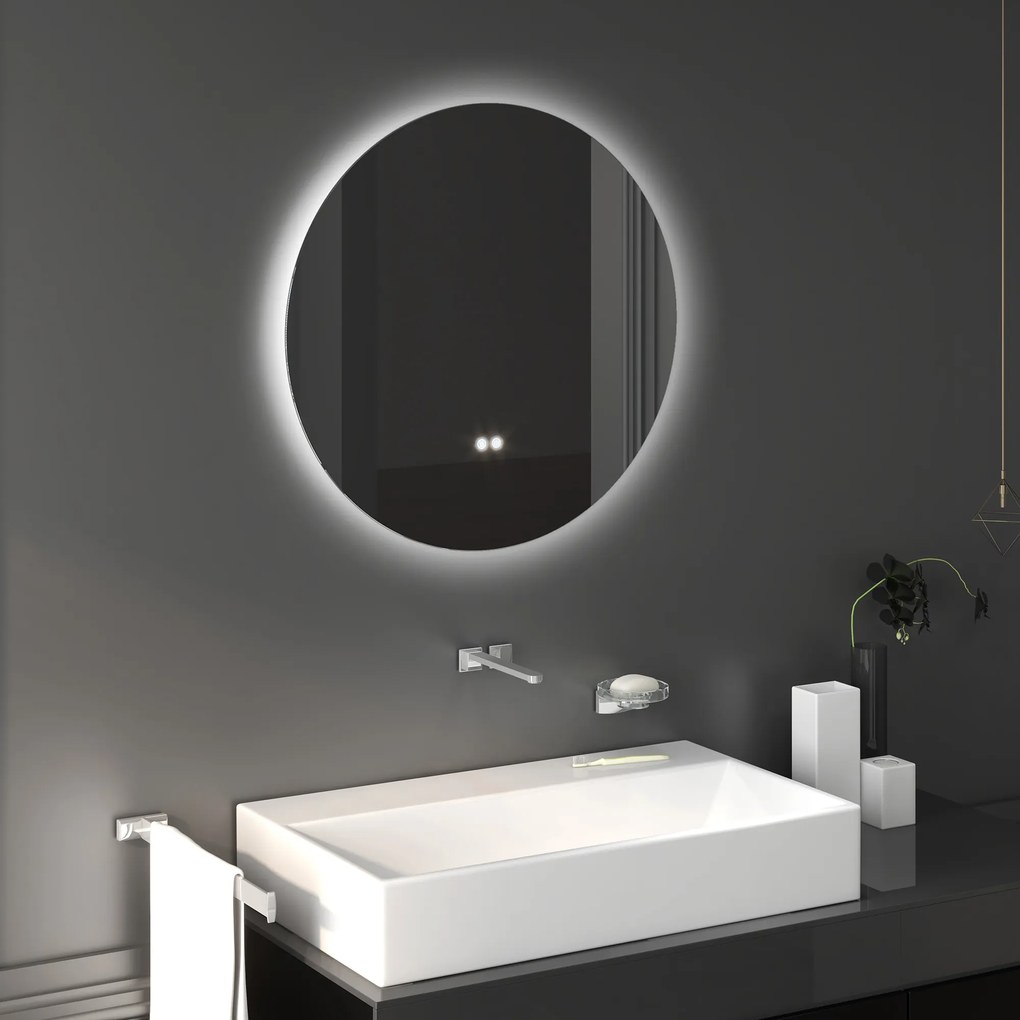 kleankin Oglindă de Baie Rotundă cu Lumină LED în 3 Culori și Întrerupătoare Touch, Ø70x3,5 cm, Transparet | Aosom Romania