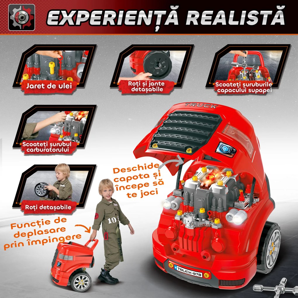 Homcom, camion de jucarie, cu functii si accesorii, 3-5 ani, rosu | Aosom Romania