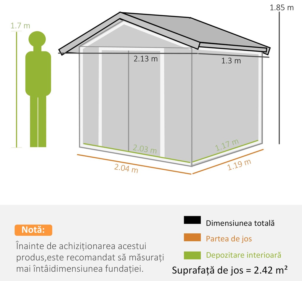 Outsunny Magazie Gradina - Căsuță de Grădină Metal 213x130x185 cm cu Uși Glisante | Aosom Romania