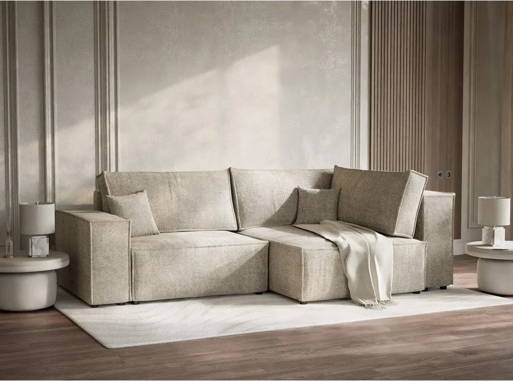 Colțar bej extensibil/cu spațiu de depozitare cu tapițerie din chenille (cu colț pe partea dreaptă/în formă de ”L”) Tonga – Maison de Rêve