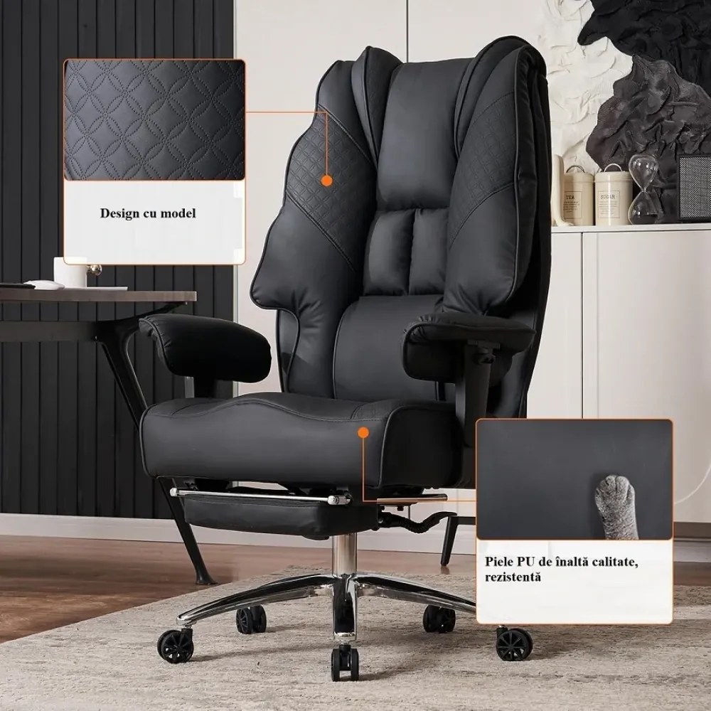 RESIGILAT- Scaun directorial, Rezistent 180 kg, Sezut cu Arcuri Metalice și Spumă, cotiere reglabile inaltime, piele PU, Negru