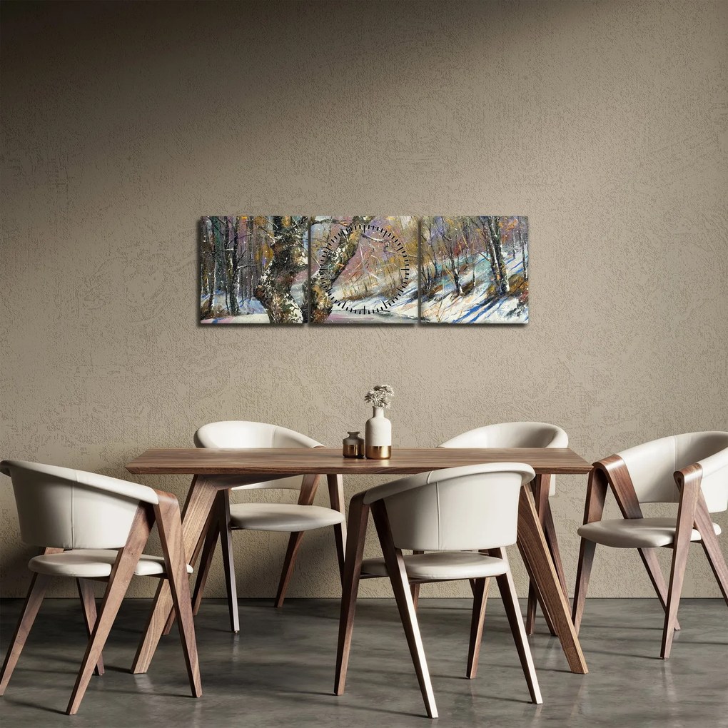 Tablou cu peisaj de iarnă pictat (cu ceas) (90x30 cm)