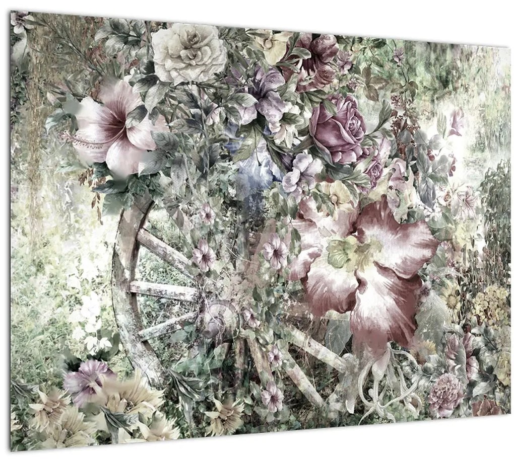 Tablou pe sticlă - Flori pe roata de lemn (70x50 cm)