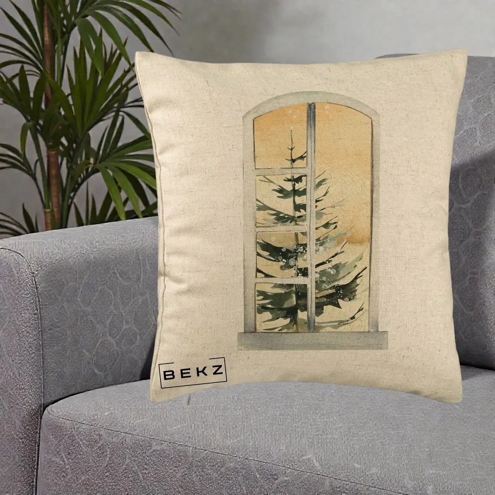 Perna Decorativa Fereastra cu Brad de Iarna, 40x40 cm, Bej, Husa Detasabila, Perna Inclusa, BEKZ®