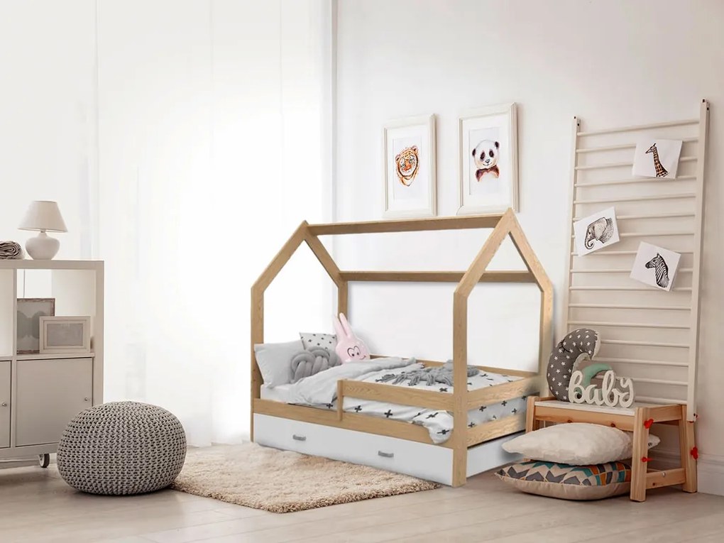 Pat pentru copii CASETA D3, 80 x 160 cm, pin Saltele: Saltea EASYSOFT 10 cm, Cutie depozitare pat: Cu sertar Alb, Somiera pat: Cu lamele curbate
