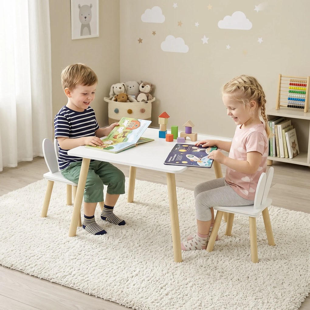 AIYAPLAY Set Masă și 2 Scaune pentru Copii 3-6 ani, Masă și Scaune cu Spătar în Formă de Urechi, 60x60x44 cm, Alb | Aosom Romania