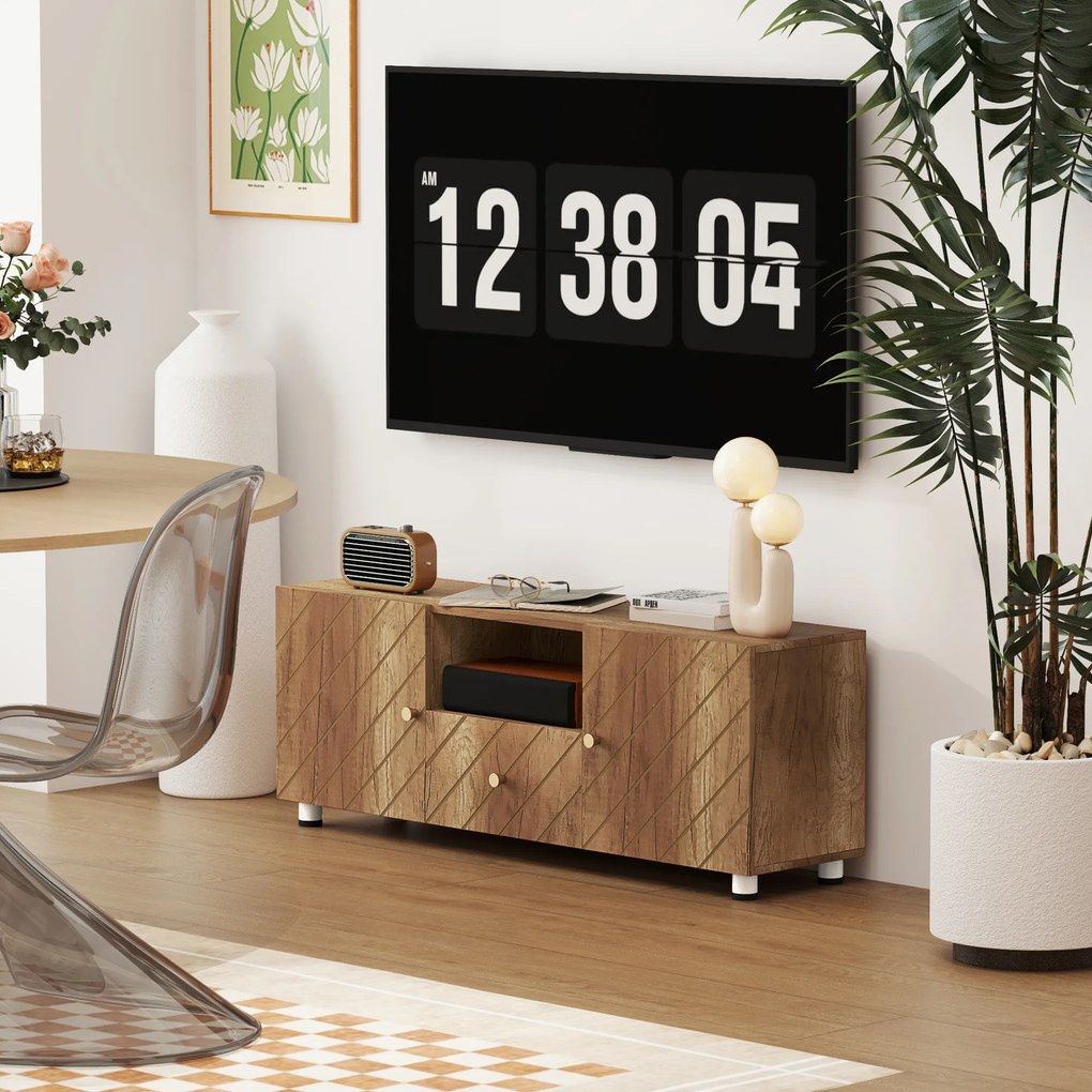 HOMCOM Televizor mobilier pentru televizoare de pana la 50 de inch cu 2 dulapuri si compartiment deschis si sertar, lemn natural | Aosom Romania