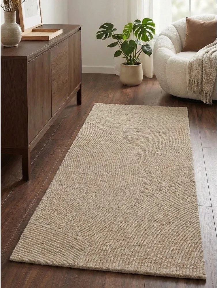 Covor tip traversă bej țesut manual din lână 80x300 cm Calmio – Hanse Home