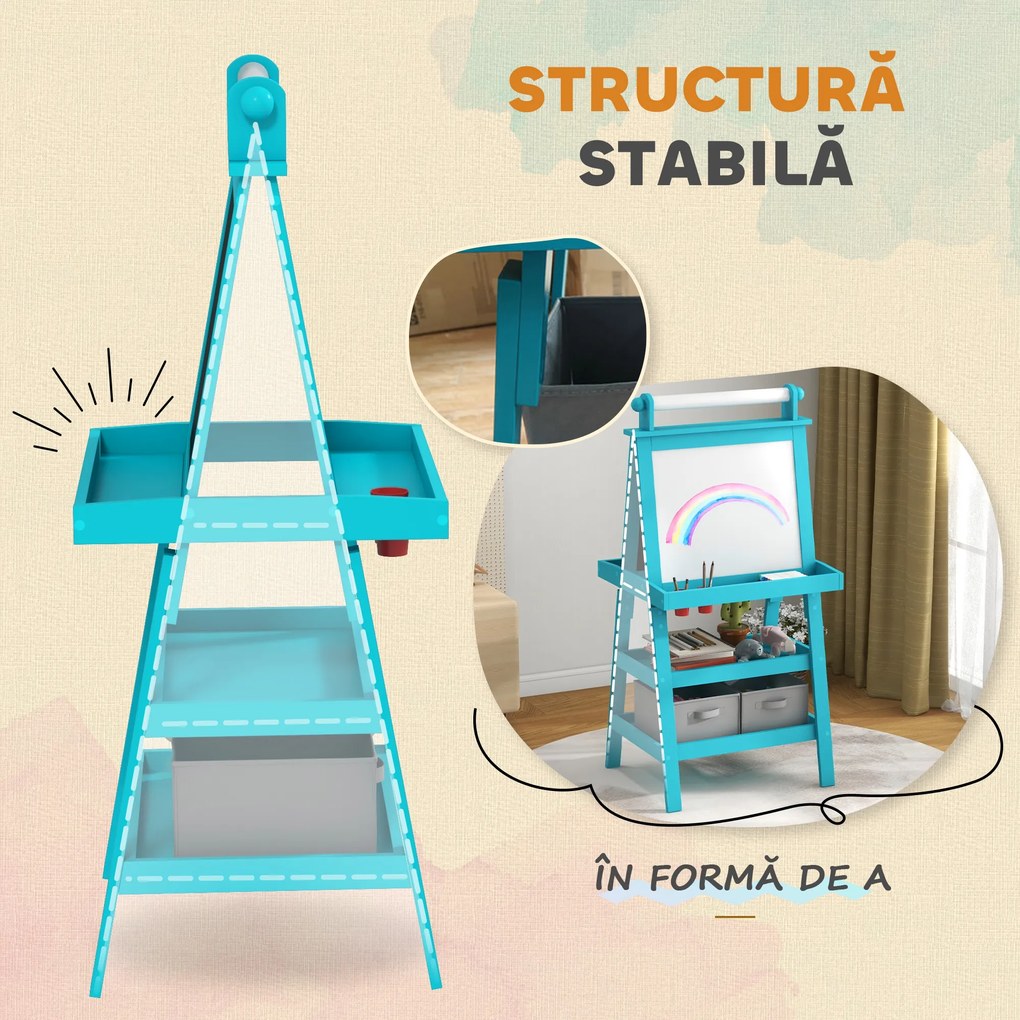 AIYAPLAY Tablă de Desen Dublă cu Magnet, Sul de Hârtie și Depozitare, Pentru Copii 3-6 Ani, 59x48x118 cm, Albastru | Aosom Romania