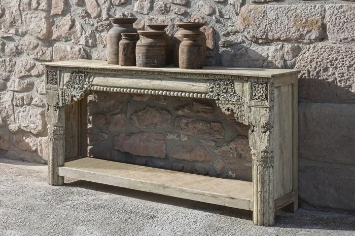 Consolă din lemn masiv de tec sculptat manual, piesa unicat, „Parthenon"