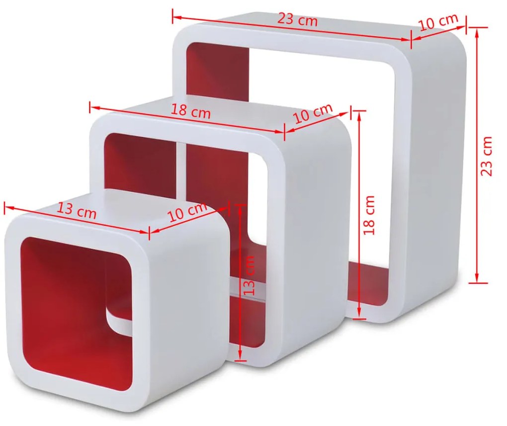 3 Rafturi de tip cub din MDF pentru carti DVD-uri, Alb-Rosu 3, Rosu