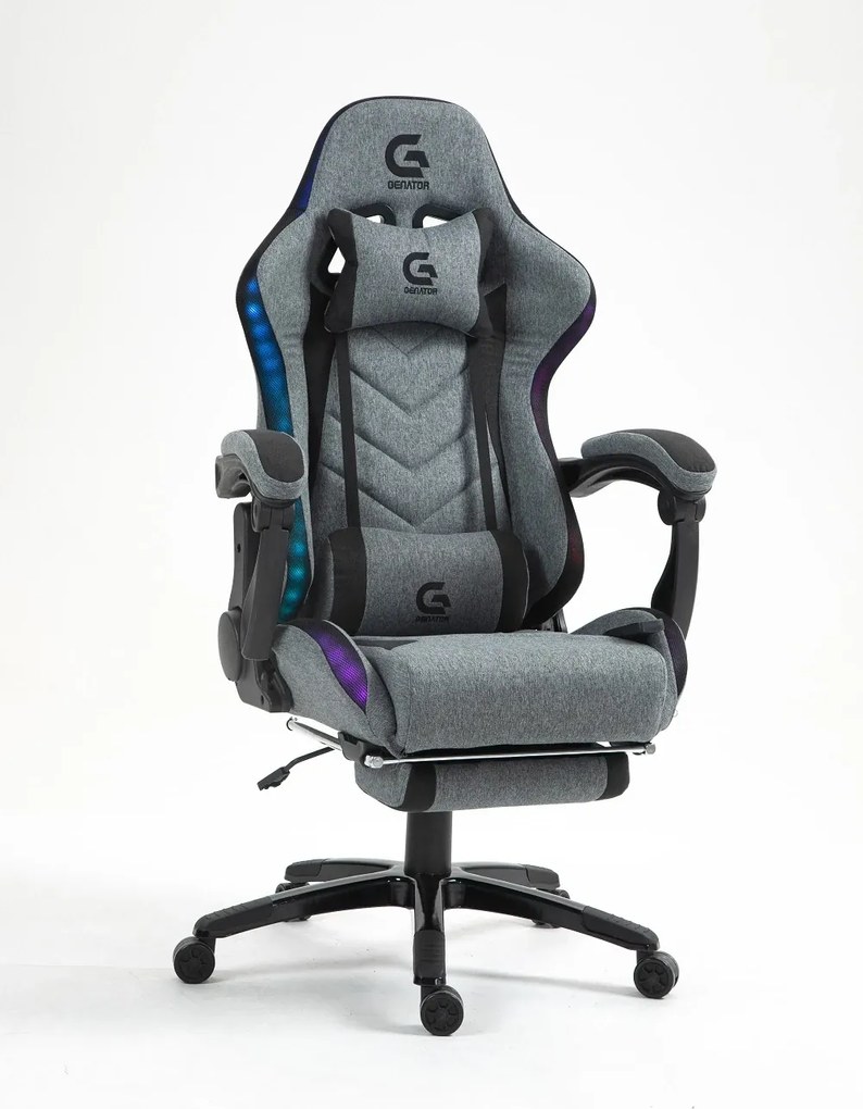 Scaun gaming, Masaj 7 puncte, Sistem iluminare banda LED RGB, Boxe Bluetooth, funcție șezlong, 90-155 grade, suport picioare, Textil, Gri/Negru