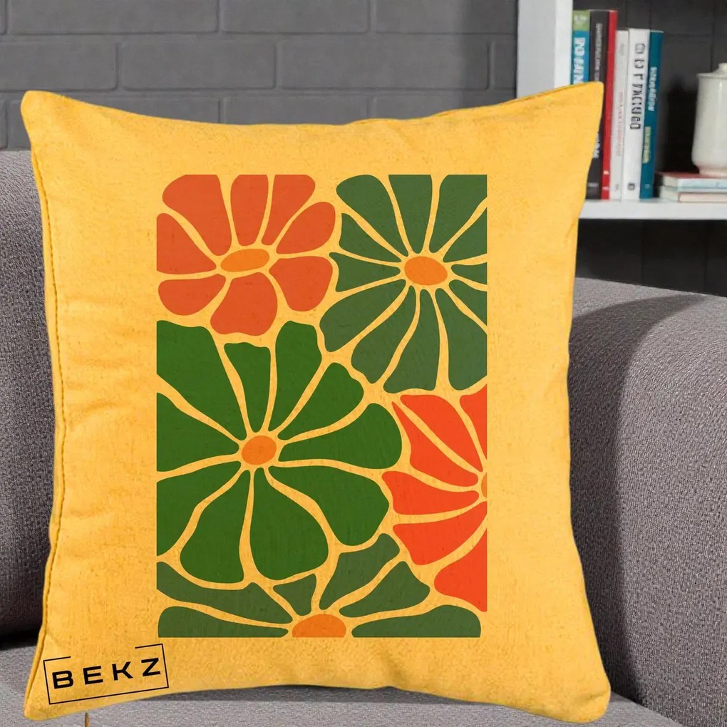 Perna Decorativa Flori Grafice Verde-Roz-Albastru, 40x40 cm, Galben, Husa Detasabila, Perna Inclusa, BEKZ®