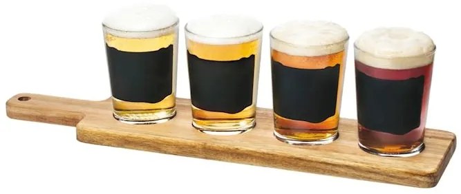 Set   degustare bere , 4 pahare cu suport lemn 40x10 cm