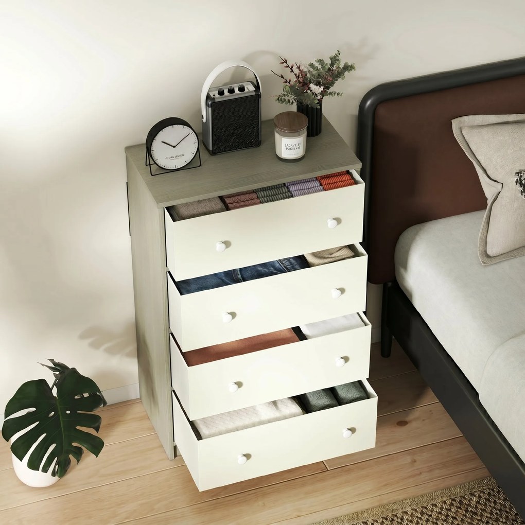 HOMCOM Comodă Modernă cu 4 Sertare Pliabile 58x30x91 cm, Alb și Gri | Aosom Romania