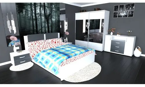 Dormitor Laguna cu pat 140x200 cu 2 sertare Alb cu Gri