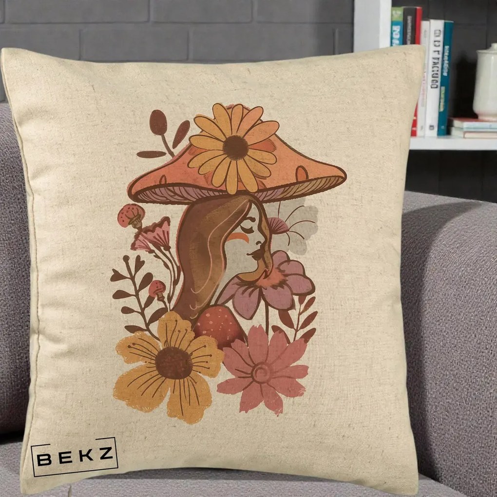 Perna Decorativa Fata Ciuperca Florala Boho, 40x40 cm, Bej, Husa Detasabila, Perna Inclusa, BEKZ®