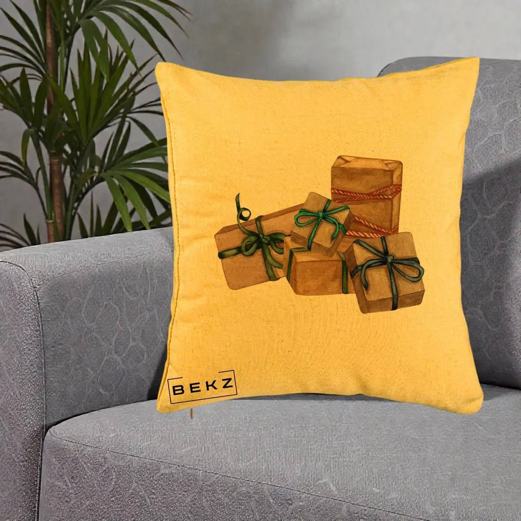 Perna Decorativa Cadouri de Craciun Kraft, 40x40 cm, Galben, Husa Detasabila, Perna Inclusa, BEKZ®