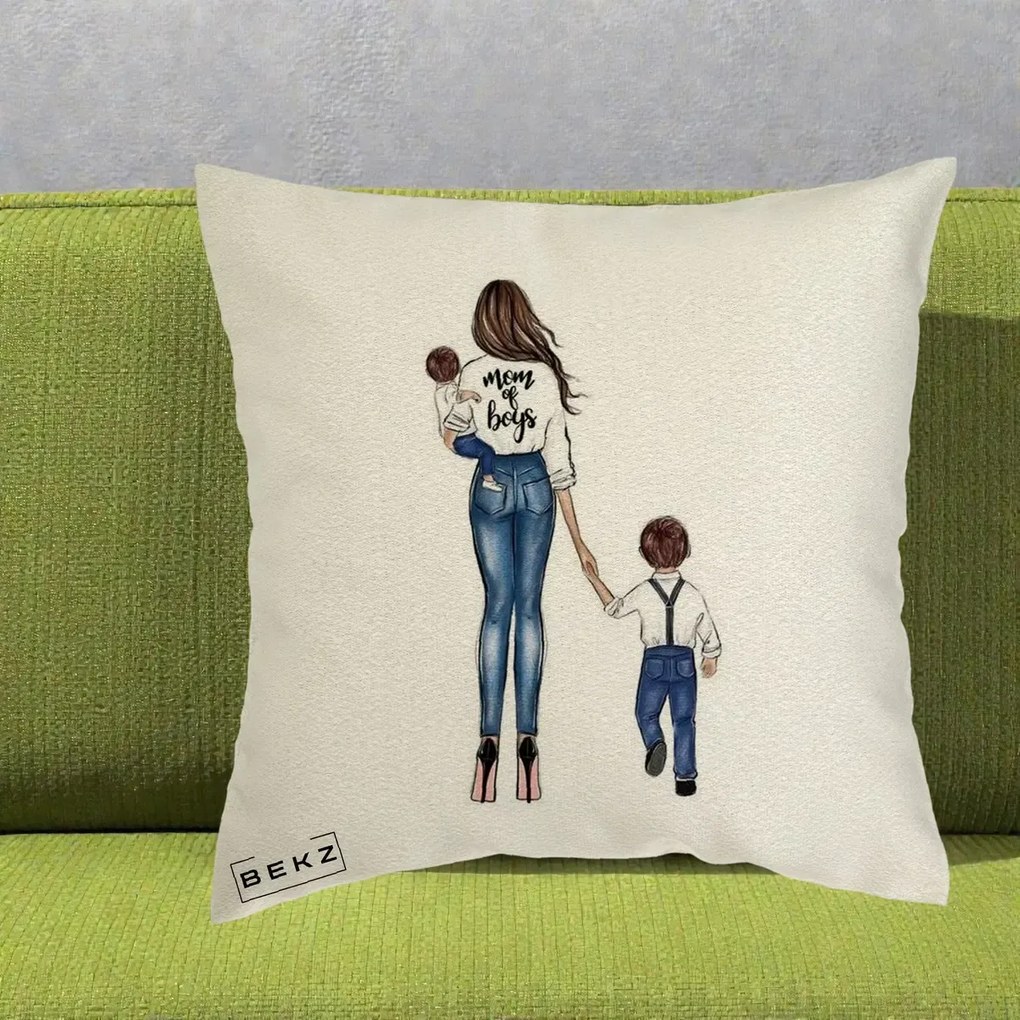 Cadou pentru Mama - Perna Personalizata Mom of Boys Mama cu Baietii, 40x40 cm, Ecru, Husa Detasabila, Perna Inclusa, BEKZ®