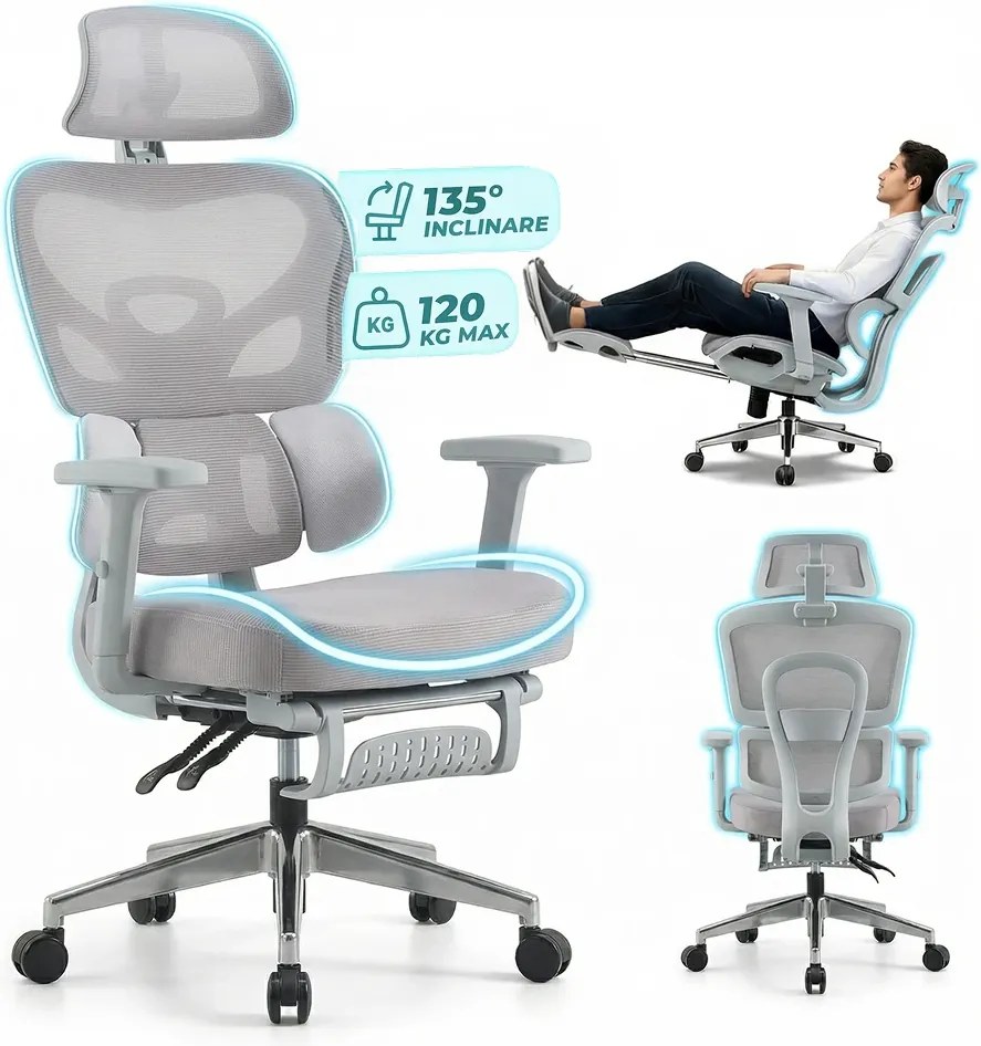 Scaun ergonomic, Suport Lombar 3 Zone Dinamice, Spătar ajustabil pe inaltime, cotiere 3D, tetiera 3D, suport pentru picioare, umeras, pivotant, Mesh, Gri