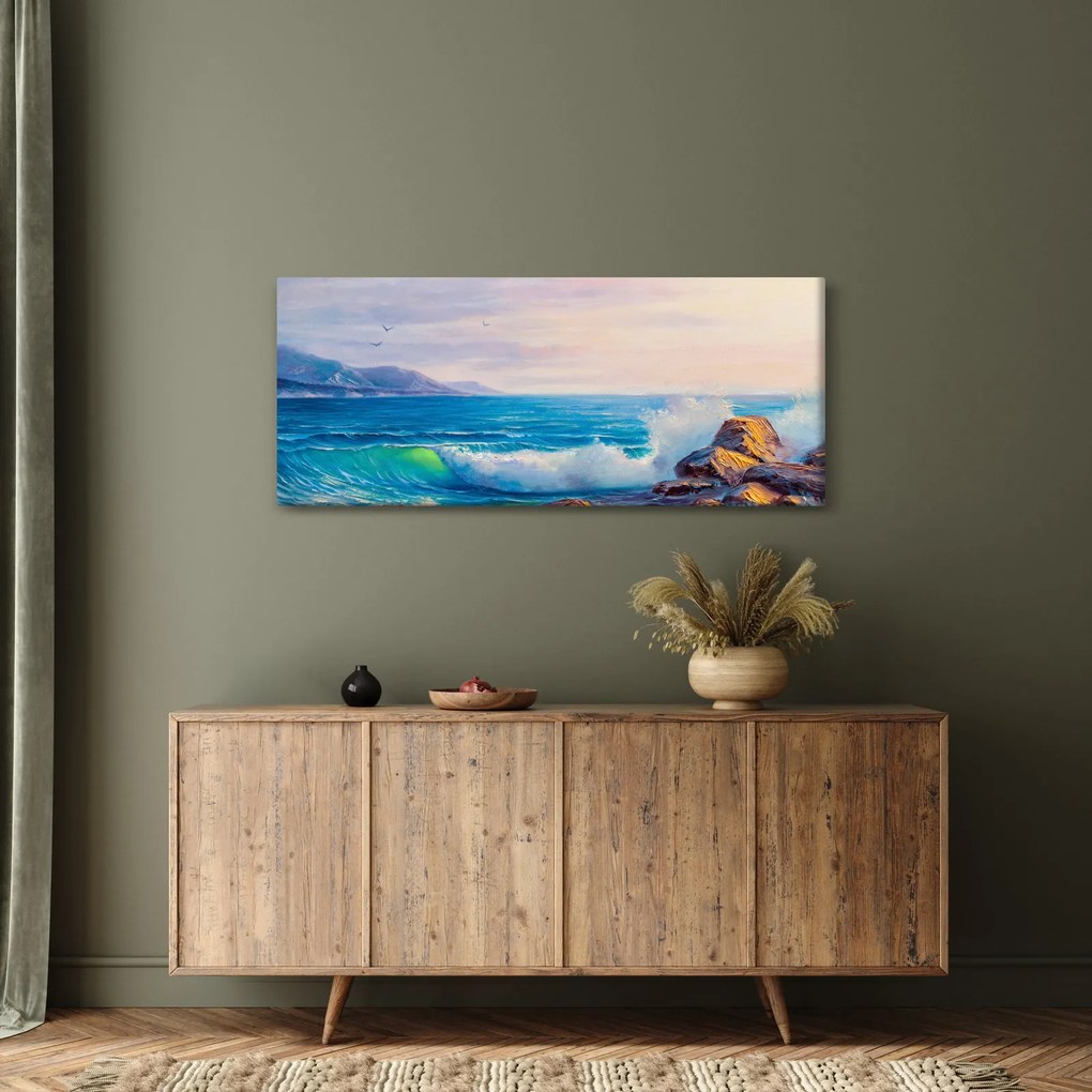 Tablou - Valuri lovind stânci, pictură în ulei (120x50 cm)
