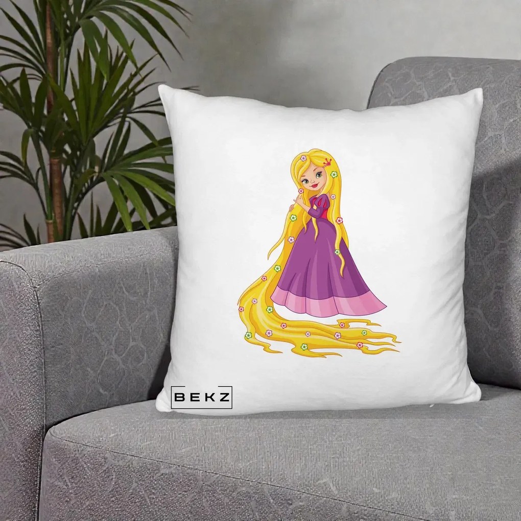 Perna Personalizata Rapunzel Par Lung Floral, 40x40 cm, Alb Pufos, Husa Detasabila, Perna Inclusa, BEKZ®