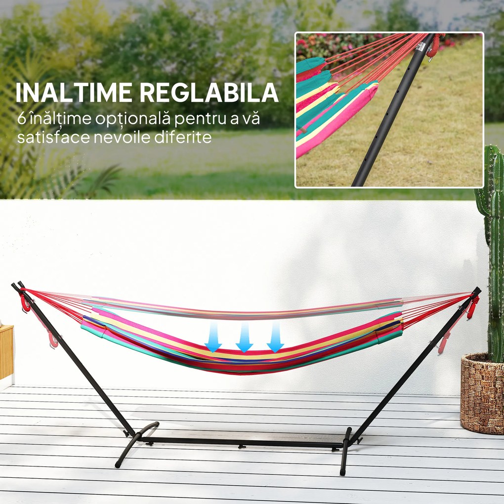 Outsunny Hamac cu Suport 310x117 cm pentru Camping cu Înălțime Reglabilă și Geantă de Transport, Capacitate 120 kg, Dungi Portocalii și Roșii | Aosom Romania