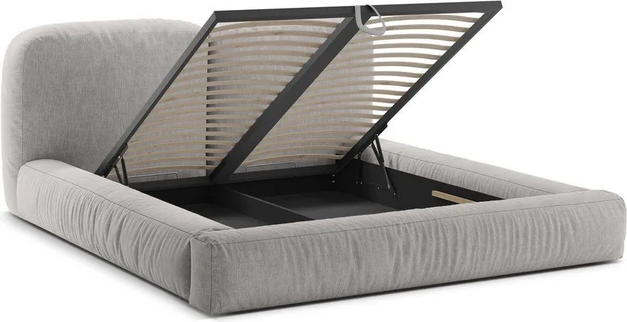 Pat matrimonial gri deschis tapițat cu spațiu de depozitare cu somieră 200x200 cm Martina – Micadoni