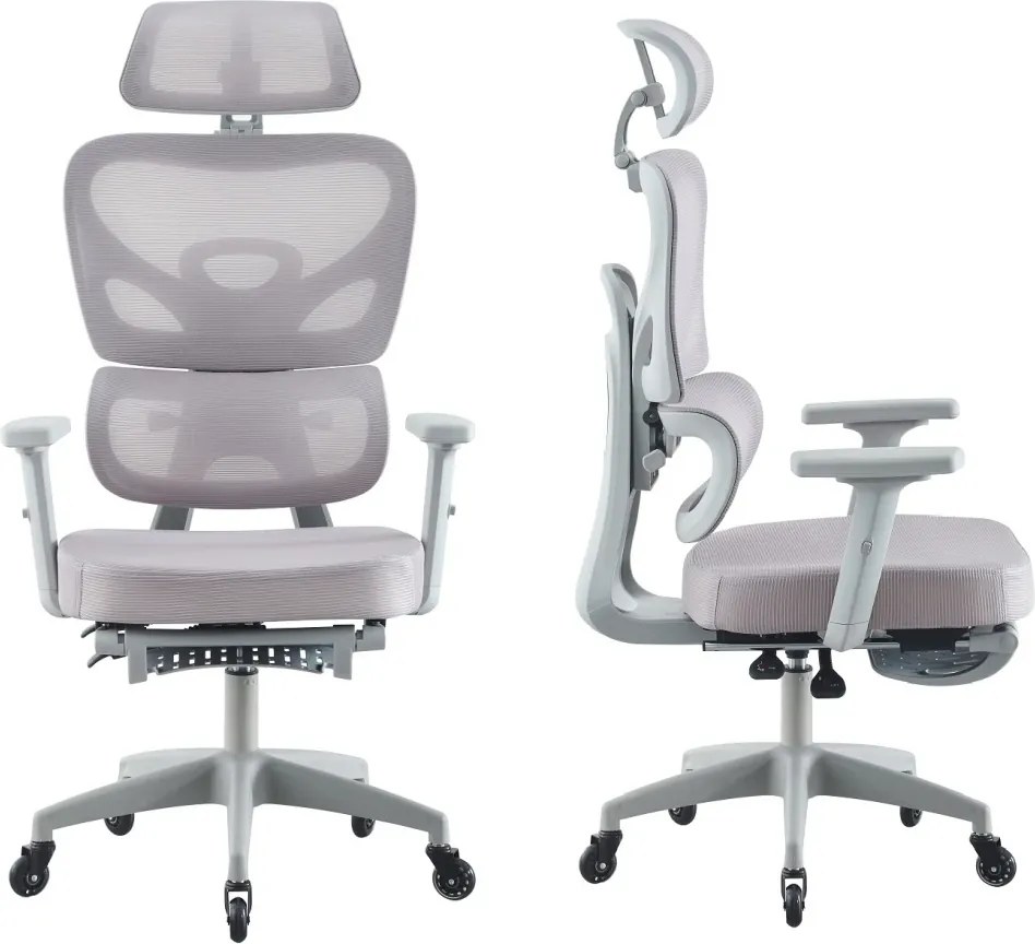 Scaun ergonomic, cotiere 3D, suport lombar adaptiv, spătar reglabil pe inaltime, tetiera 3D, suport pentru picioare, pivotant, Mesh, Gri