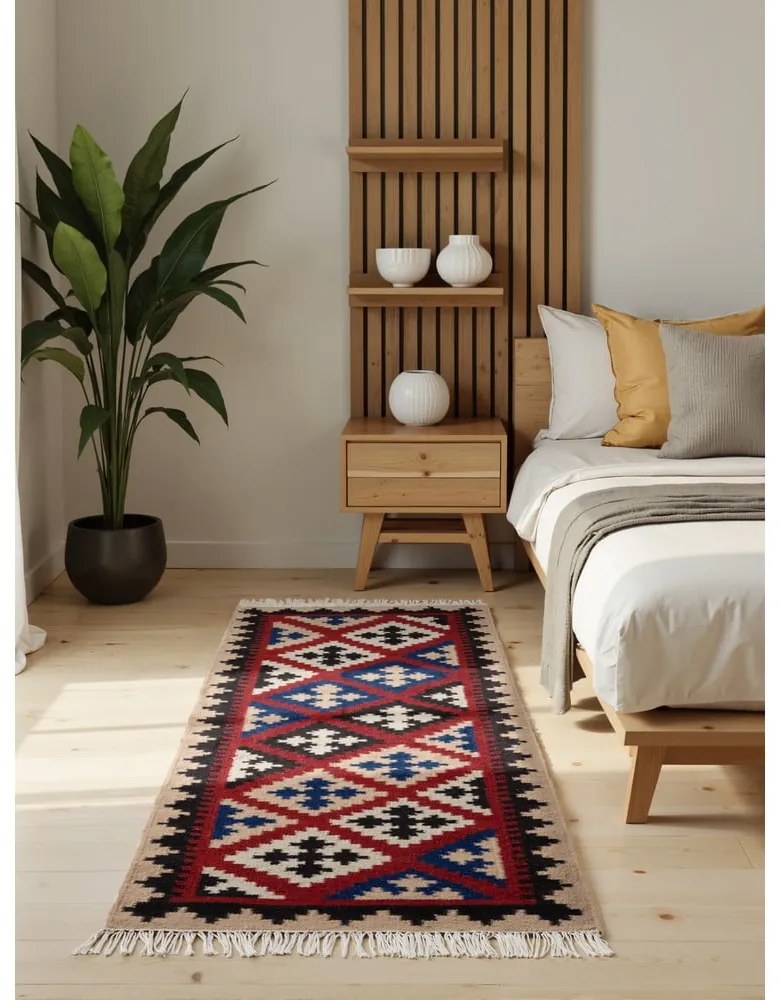 Covor tip traversă roșu reversibil, țesut manual din lână 60x190 cm Kamal Rami – Nouristan