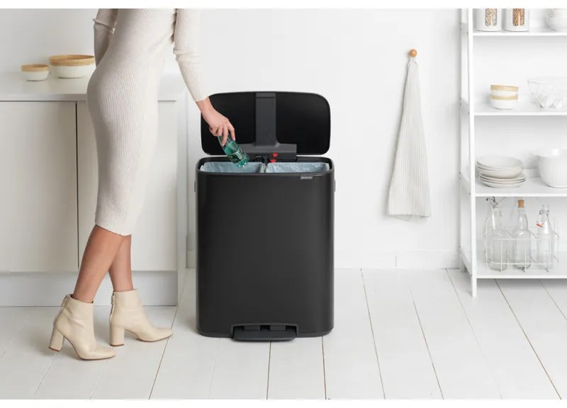 Cos de gunoi Brabantia Bo Pedal 1003191, 2x30 L, Inchidere lina, Baza antiderapanta, Negru
