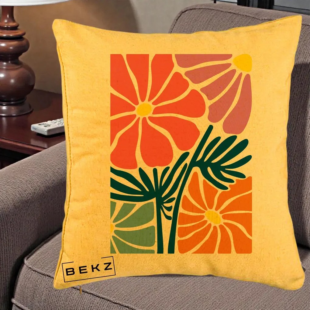 Perna Decorativa Flori Grafice Roz-Orange-Albastru, 40x40 cm, Galben, Husa Detasabila, Perna Inclusa, BEKZ®