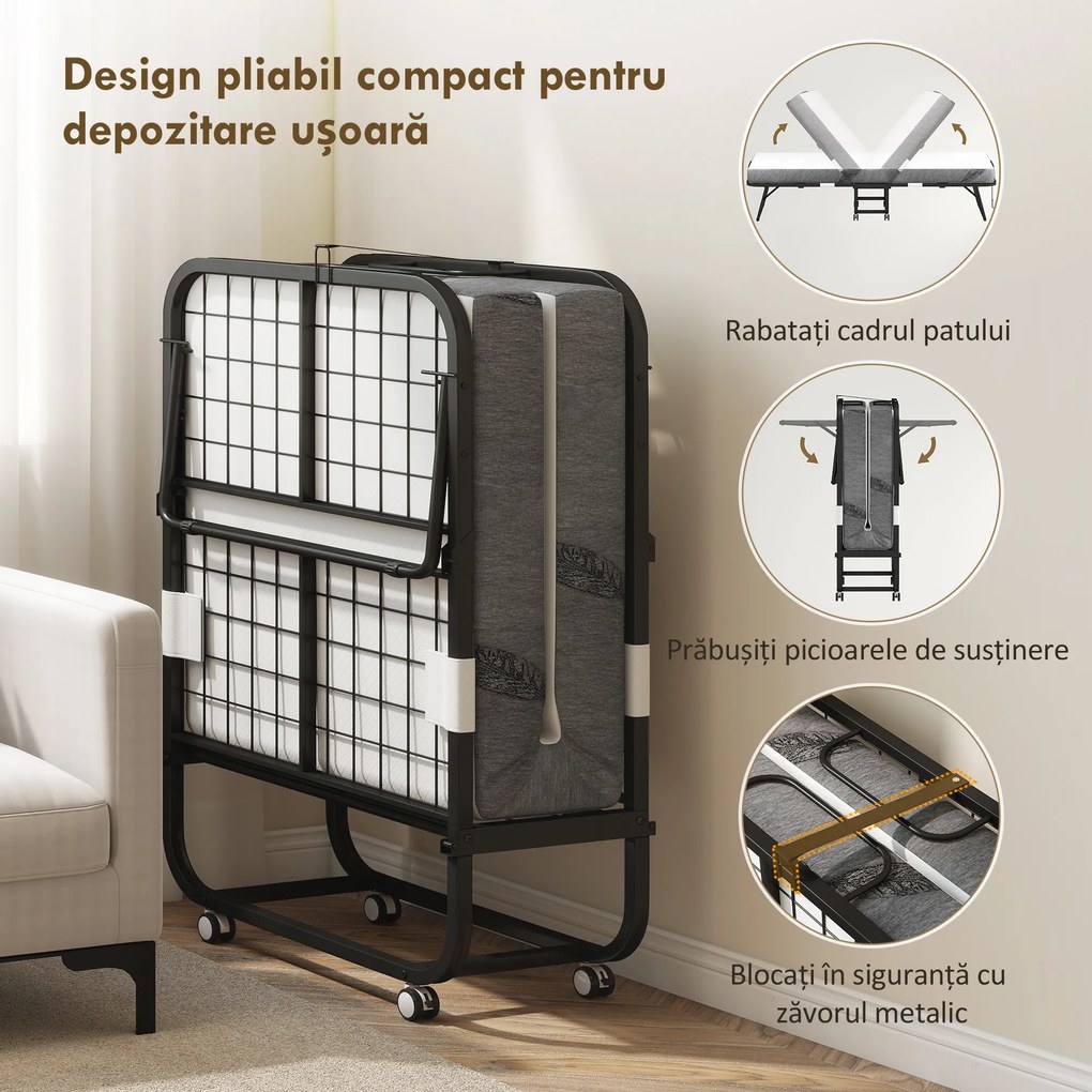 HOMCOM Pat Pliabil Single 90x200 cm cu Saltea de 10 cm Grosime, Cadru din Metal și Roți cu Frână, Negru | Aosom Romania